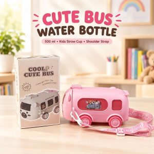 Cute Bus Shape Water Bottle 500ml – Kids Straw Cup with Detachable Shoulder Strap