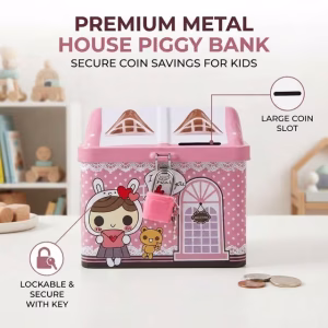 Metal House-Shaped Piggy Bank for Kids – Lockable Coin Money Saving Box